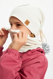 Beyaz Kız Bebek Çocuk Ponponlu Bere Boyunluk Set yumuşak çift katlı %100 doğal pamuklu - 3