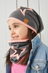 Babygiz Pudra Gri Çocuk Bebek Bere Boyunluk Set Yumuşak %100 Pamuklu Penye Yıldız Seri - 1