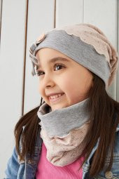 Gri Pudra Çocuk Bebek Bere Boyunluk Set yumuşak %100 pamuklu penye ELİT seri - 1