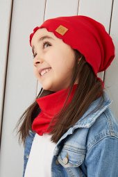 Babygiz Kırmızı Kız Çocuk Bebek Bere Boyunluk Set Yumuşak %100 Pamuklu Penye Trend Seri - 1