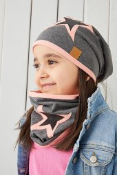 Babygiz Pudra Gri Çocuk Bebek Bere Boyunluk Set Yumuşak %100 Pamuklu Penye Yıldız Seri - 3