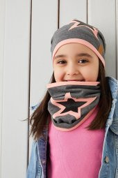 Babygiz Pudra Gri Çocuk Bebek Bere Boyunluk Set Yumuşak %100 Pamuklu Penye Yıldız Seri - 4