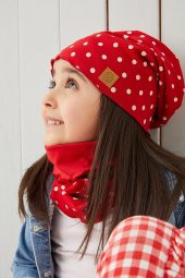 Babygiz Kırmızı Beyaz Kız Çocuk Bebek Bere Boyunluk Set Yumuşak %100 Pamuklu Penye Trend Seri - 1