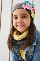 Babygiz %100 Pamuklu Doğal Yumuşak Çift Katlı Penye Füme Çiçekli Kız Çocuk Bebek Bere Boyunluk Set - 1