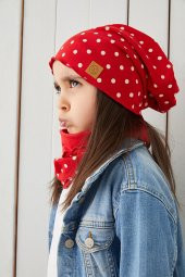 Babygiz Kırmızı Beyaz Kız Çocuk Bebek Bere Boyunluk Set Yumuşak %100 Pamuklu Penye Trend Seri - 2