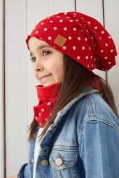 Babygiz Kırmızı Beyaz Kız Çocuk Bebek Bere Boyunluk Set Yumuşak %100 Pamuklu Penye Trend Seri - 3