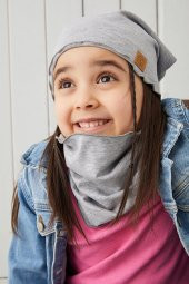 Babygiz Gri Kız Çocuk Bebek Bere Boyunluk Set Yumuşak %100 Pamuklu Penye Trend Seri - 3