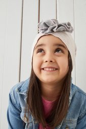 Pudra Gri  Babygiz Pudra Çiçekli Çocuk Bebek Şapka Bere Yumuşak %100 Pamuklu Penye - 4