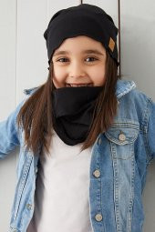 Babygiz Siyah Kız Çocuk Bebek Bere Boyunluk Set Yumuşak %100 Pamuklu Penye Trend Seri thumbnail 3