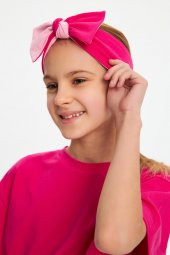 Fuşya-Pembe Kız Pamuklu Penye, Kaymaz, Terletmez, Ultra Hafif Esnek Fiyonk Bağlamalı Saç Bandı Bandana - 1