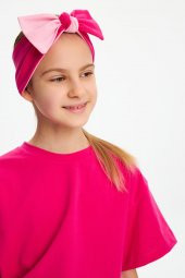 Fuşya-Pembe Kız Pamuklu Penye, Kaymaz, Terletmez, Ultra Hafif Esnek Fiyonk Bağlamalı Saç Bandı Bandana - 2