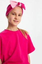 Fuşya-Pembe Kız Pamuklu Penye, Kaymaz, Terletmez, Ultra Hafif Esnek Fiyonk Bağlamalı Saç Bandı Bandana - 3
