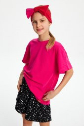 Fuşya-Kırmızı Kız Pamuklu Penye, Kaymaz, Terletmez, Ultra Hafif Esnek Fiyonk Bağlamalı Saç Bandı Bandana - 4