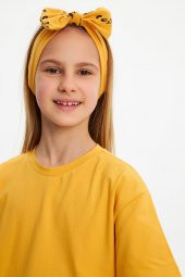 Hardal Kız Pamuklu Penye, Kaymaz, Terletmez, Ultra Hafif Esnek Fiyonk Bağlamalı Saç Bandı Bandana - 1