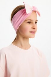 Pembe-Pudra Kız Pamuklu Penye, Kaymaz, Terletmez, Ultra Hafif Esnek Fiyonk Bağlamalı Saç Bandı Bandana - 1