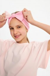 Pembe-Pudra Kız Pamuklu Penye, Kaymaz, Terletmez, Ultra Hafif Esnek Fiyonk Bağlamalı Saç Bandı Bandana - 2