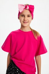 Fuşya-Pembe Kız Pamuklu Penye, Kaymaz, Terletmez, Ultra Hafif Esnek Fiyonk Bağlamalı Saç Bandı Bandana - 4