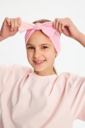 Pembe-Pudra Kız Pamuklu Penye, Kaymaz, Terletmez, Ultra Hafif Esnek Fiyonk Bağlamalı Saç Bandı Bandana - 3