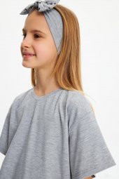 Gri Kız Pamuklu Penye, Kaymaz, Terletmez, Ultra Hafif Esnek Fiyonk Bağlamalı Saç Bandı Bandana - 5