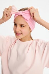 Pembe-Pudra Kız Pamuklu Penye, Kaymaz, Terletmez, Ultra Hafif Esnek Fiyonk Bağlamalı Saç Bandı Bandana - 4