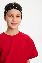 Siyah puantiyeli Kız Pamuklu Penye, Kaymaz, Terletmez, Ultra Hafif,  Esnek  Desenli Saç Bandı Bandana - 1