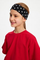 Siyah puantiyeli Kız Pamuklu Penye, Kaymaz, Terletmez, Ultra Hafif,  Esnek  Desenli Saç Bandı Bandana - 2