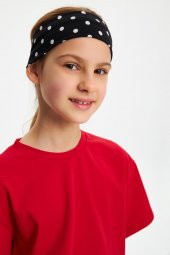 Siyah puantiyeli Kız Pamuklu Penye, Kaymaz, Terletmez, Ultra Hafif,  Esnek  Desenli Saç Bandı Bandana - 8