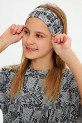 Gri Kız Pamuklu Penye, Kaymaz, Terletmez, Ultra Hafif,  Esnek Desenli Saç Bandı Bandana - 3