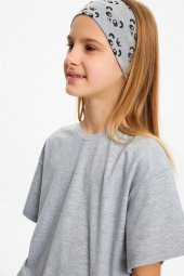 Gri Kız Pamuklu Penye, Kaymaz, Terletmez, Ultra Hafif,  Esnek Panda Desenli Saç Bandı Bandana - 2