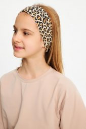Leopar Kız Pamuklu Penye, Kaymaz, Terletmez, Ultra Hafif,  Esnek  Desenli Saç Bandı Bandana - 8