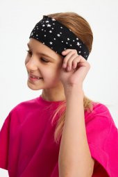 Siyah-Beyaz Yıldız Kız Pamuklu Penye, Kaymaz, Terletmez, Ultra Hafif,  Esnek  Desenli Saç Bandı Bandana - 8
