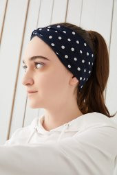 Lacivert  Puantiye Çocuk Genç Bandana Saç Bandı ekstra yumuşak Esnek doğal %100 pamuklu Penye - 2