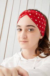 Kırmızı Puantiye Çocuk Genç Bandana Saç Bandı ekstra yumuşak Esnek doğal %100 pamuklu Penye - 1