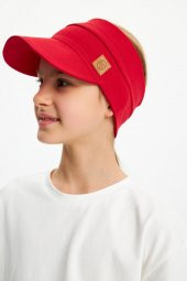 Kırmızı Kız UV Korumalı Katlanabilir Üstü Açık Yumuşak Siperli %100 Pamuklu Penye Tenis Vizör Şapka thumbnail 2