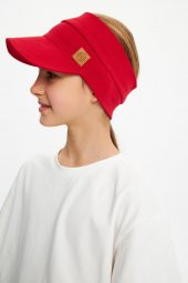 Kırmızı Kız UV Korumalı Katlanabilir Üstü Açık Yumuşak Siperli %100 Pamuklu Penye Tenis Vizör Şapka thumbnail 4