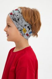 Açık Gri-Çok Renkli Erkek Pamuklu Penye, Kaymaz, Terletmez, Ultra Hafif,  Esnek Panda Desenli Saç Bandı Bandana - 1