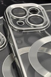 iPhone 13 Uyumlu MagSafe Özellikli Gümüş Gri Silver Renkli Kenarlı Lazerli Şeffaf Kılıf Lens Korumalı thumbnail 3