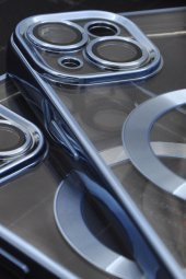 iPhone 13 Uyumlu MagSafe Özellikli Saks Mavi Renkli Kenarlı Lazerli Şeffaf Kılıf Lens Korumalı thumbnail 3