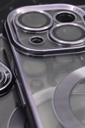 iPhone 13 Uyumlu MagSafe Özellikli Mor Renkli Kenarlı Lazerli Şeffaf Kılıf Lens Korumalı thumbnail 3