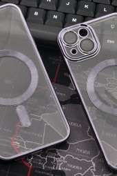 iPhone 13 Uyumlu MagSafe Özellikli Mor Renkli Kenarlı Lazerli Şeffaf Kılıf Lens Korumalı thumbnail 6
