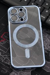 iPhone 13 Pro Uyumlu MagSafe Özellikli Saks Mavi Renkli Kenarlı Lazerli Şeffaf Kılıf Lens Korumalı thumbnail 1