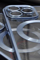 iPhone 13 Pro Uyumlu MagSafe Özellikli Saks Mavi Renkli Kenarlı Lazerli Şeffaf Kılıf Lens Korumalı thumbnail 3