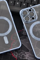 iPhone 13 Pro Uyumlu MagSafe Özellikli Saks Mavi Renkli Kenarlı Lazerli Şeffaf Kılıf Lens Korumalı thumbnail 6
