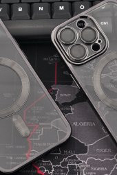 iPhone 13 Pro Uyumlu MagSafe Özellikli Siyah Renkli Kenarlı Lazerli Şeffaf Kılıf Lens Korumalı thumbnail 6