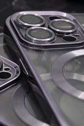 iPhone 13 Pro Uyumlu MagSafe Özellikli Mor Renkli Kenarlı Lazerli Şeffaf Kılıf Lens Korumalı thumbnail 3