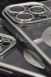 iPhone 13 Pro Max Uyumlu MagSafe Özellikli Gümüş Gri Silver Renkli Kenarlı Lazerli Şeffaf Kılıf Lens Korumalı thumbnail 3