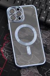 iPhone 13 Pro Max Uyumlu MagSafe Özellikli Saks Mavi Renkli Kenarlı Lazerli Şeffaf Kılıf Lens Korumalı thumbnail 1