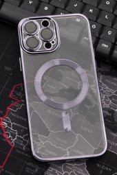 iPhone 13 Pro Max Uyumlu MagSafe Özellikli Mor Renkli Kenarlı Lazerli Şeffaf Kılıf Lens Korumalı - 1
