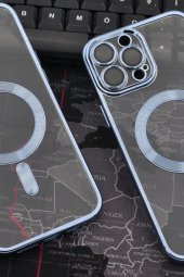 iPhone 13 Pro Max Uyumlu MagSafe Özellikli Saks Mavi Renkli Kenarlı Lazerli Şeffaf Kılıf Lens Korumalı thumbnail 6