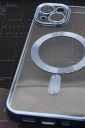 iPhone 14 Uyumlu MagSafe Özellikli Saks Mavi Renkli Kenarlı Lazerli Şeffaf Kılıf Lens Korumalı thumbnail 2